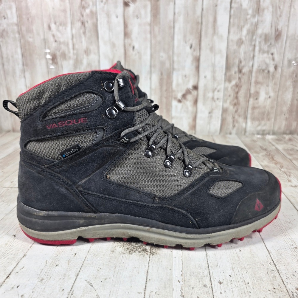 Vasque UltraDry Men 8.5 Hiking Boots Black Grey Red Suede Mesh 7447 M Waterproof